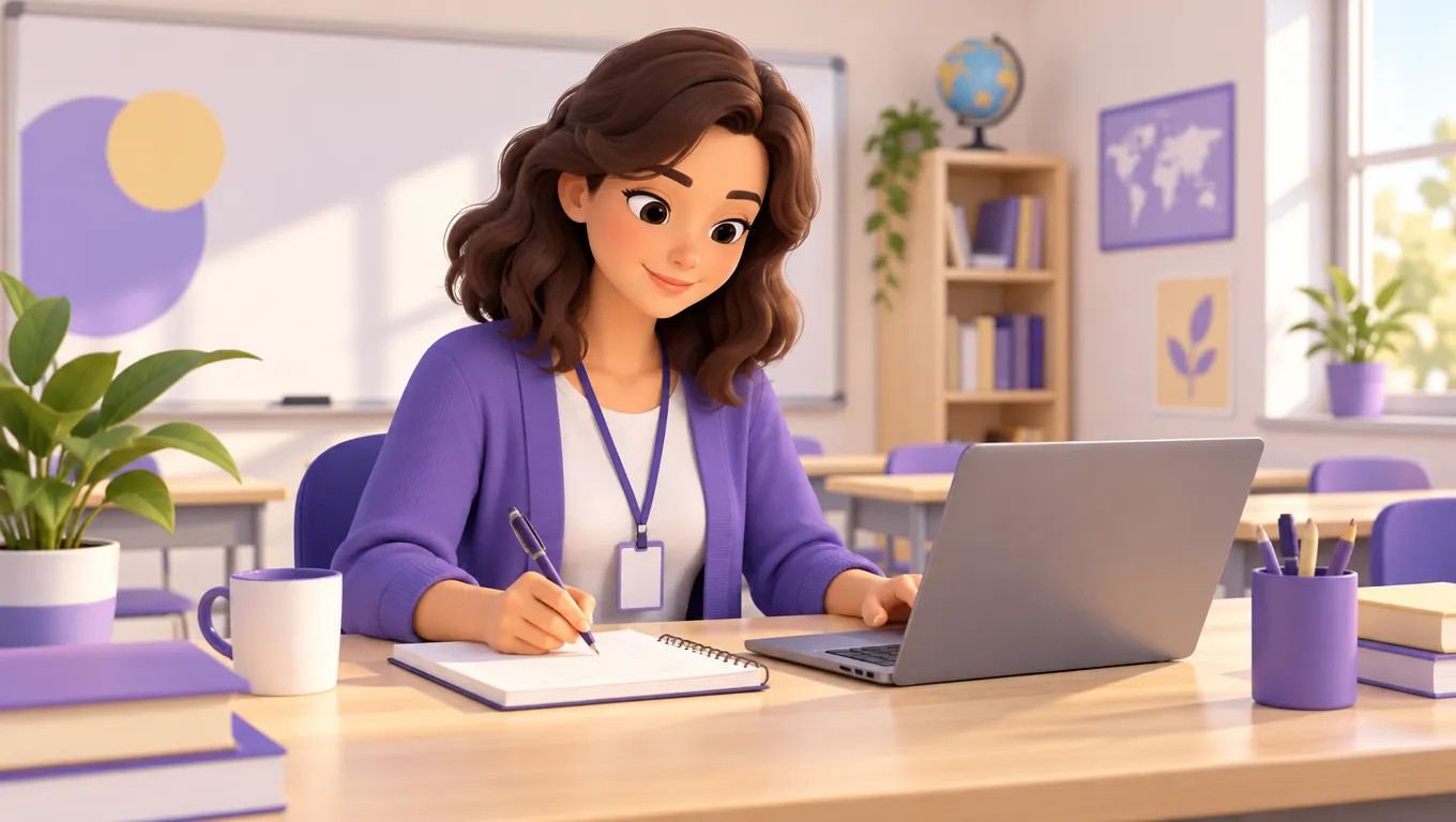 Docente scrive il verbale dell'assemblea di classe al computer con gli appunti sul banco