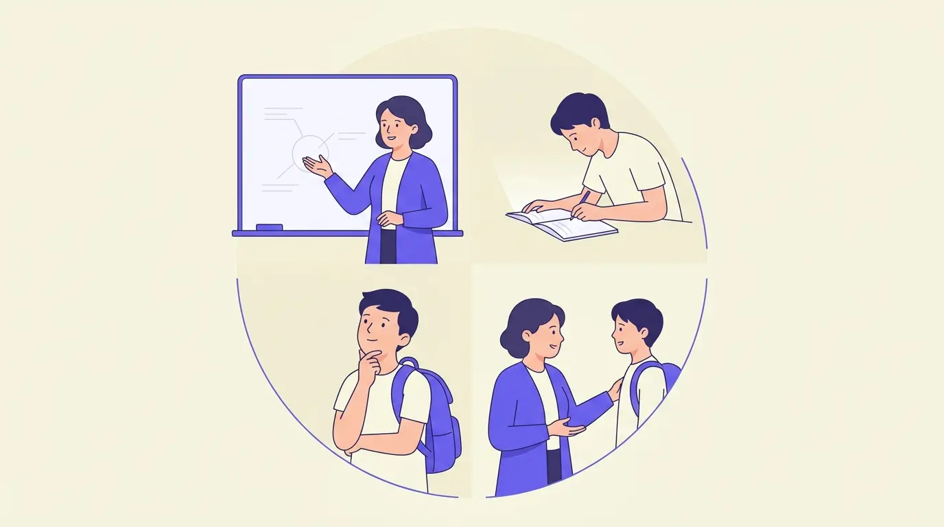 Schema del ciclo formativo di autovalutazione con le fasi spiegazione, attività, autovalutazione e feedback