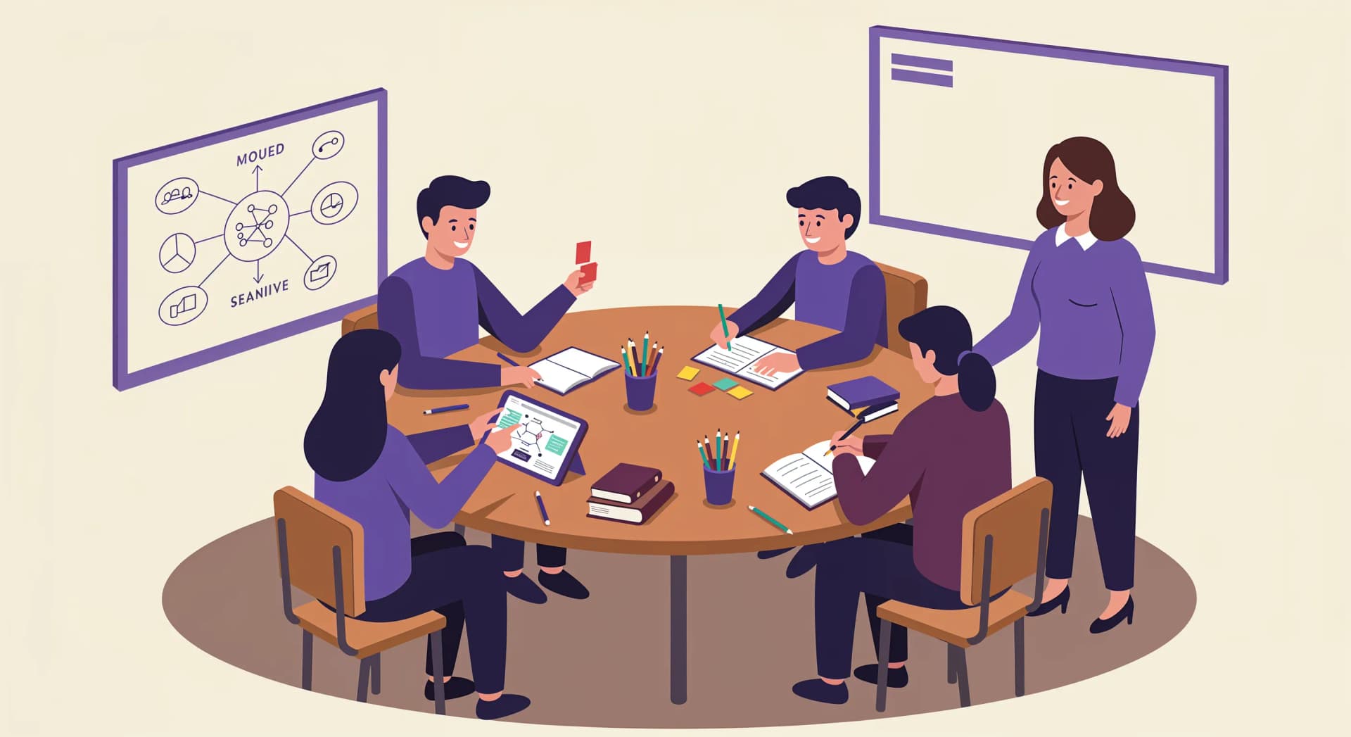 Docente che applica strategie didattiche inclusive per studenti BES in classe con strumenti compensativi