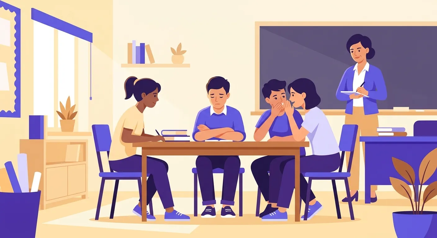Studenti in classe italiana con dinamiche di gruppo che possono evolvere in bullismo se non gestite