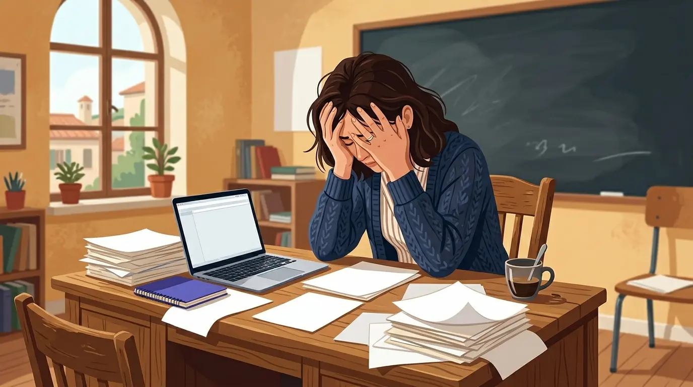 Docente stanco alla scrivania con pile di compiti, simbolo del burnout insegnanti