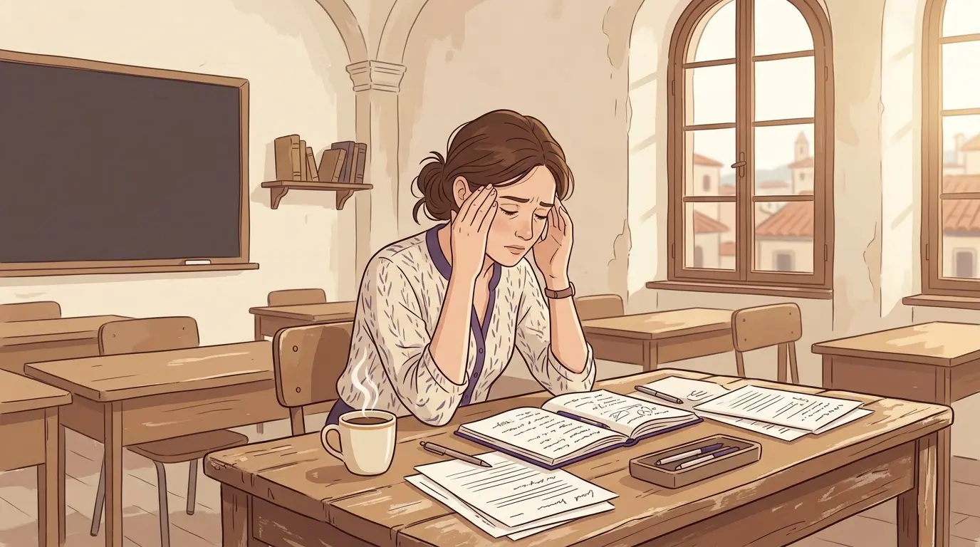 Docente esausta alla scrivania di scuola con segnali di stress e burnout