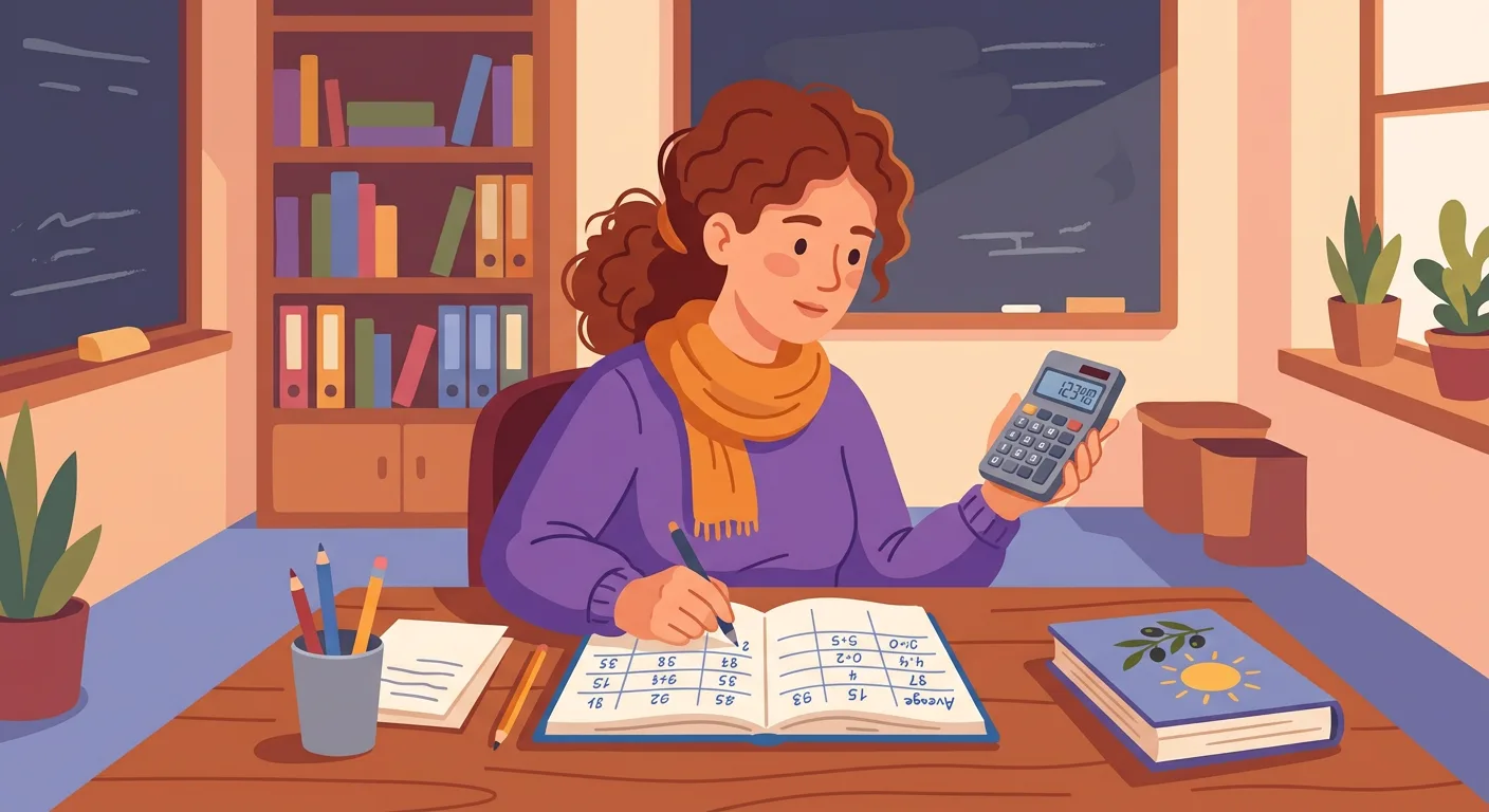 Docente che calcola la media dei voti scolastici con strumenti digitali