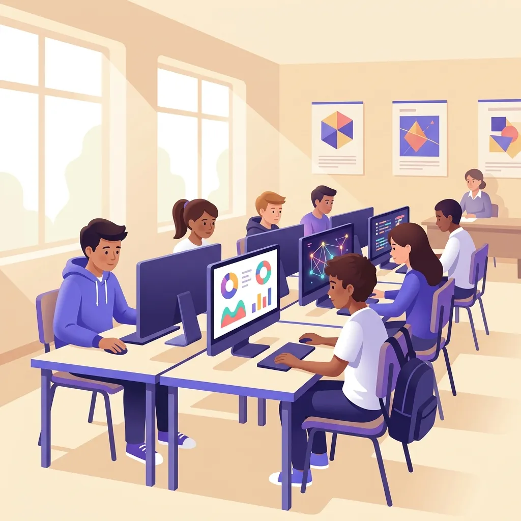 Studenti italiani durante prove INVALSI 2027 con tablet computer a schermi nell'aula informatica scolastica