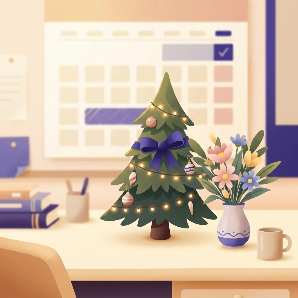 Vacanze scolastiche 2026 2027 con calendario decorazioni Natale e fiori primavera Pasqua su scrivania