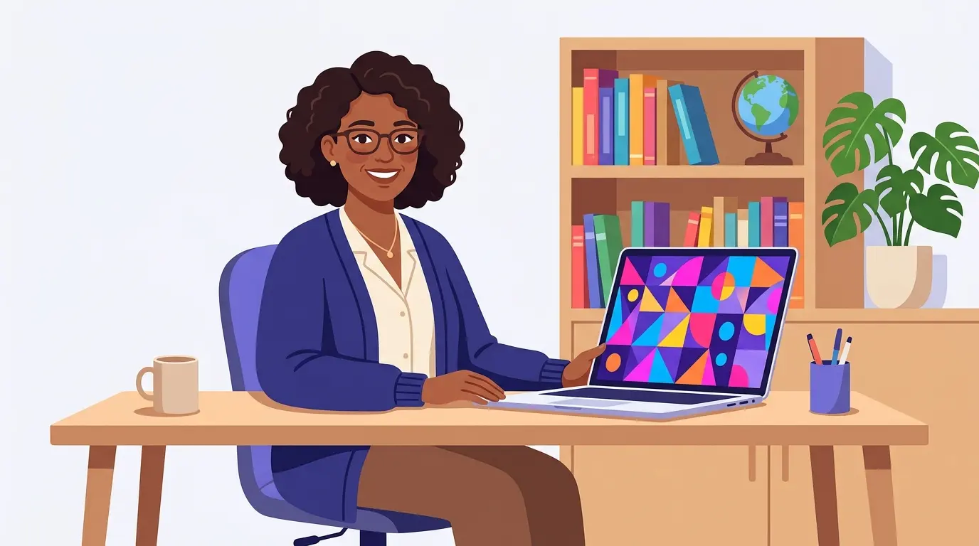 Docente che crea materiali didattici con Canva for Education su laptop in aula