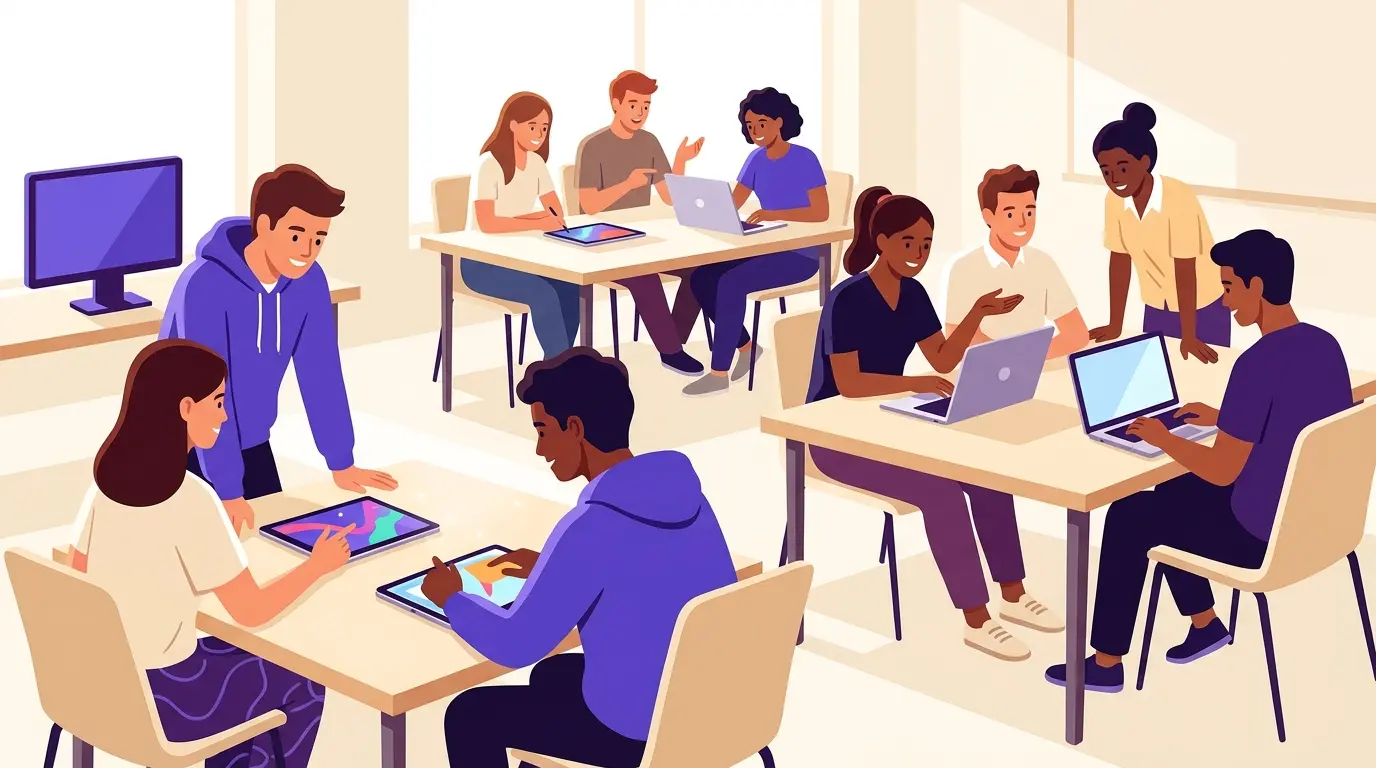 Studenti che collaborano su un progetto Canva in classe usando tablet e computer