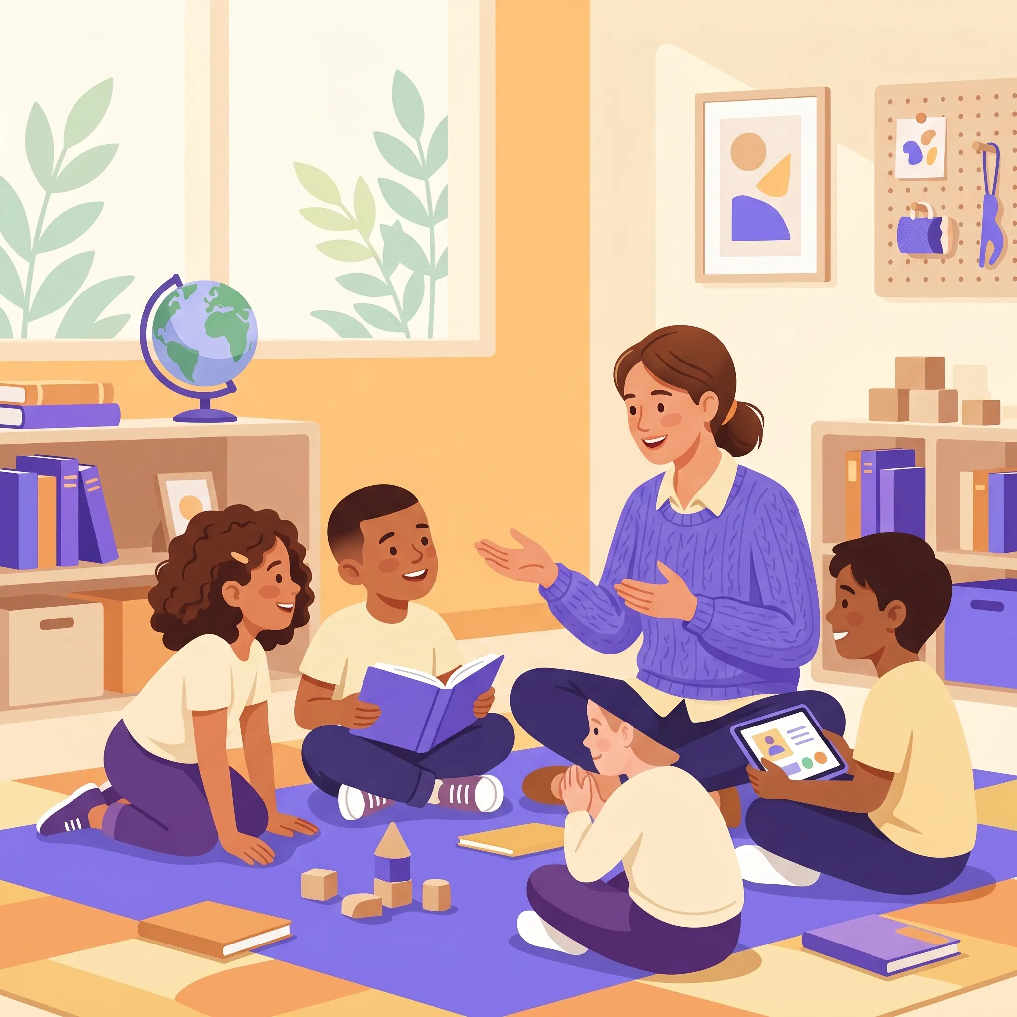 Bambini e insegnante seduti in cerchio in classe durante un'attività di circle time