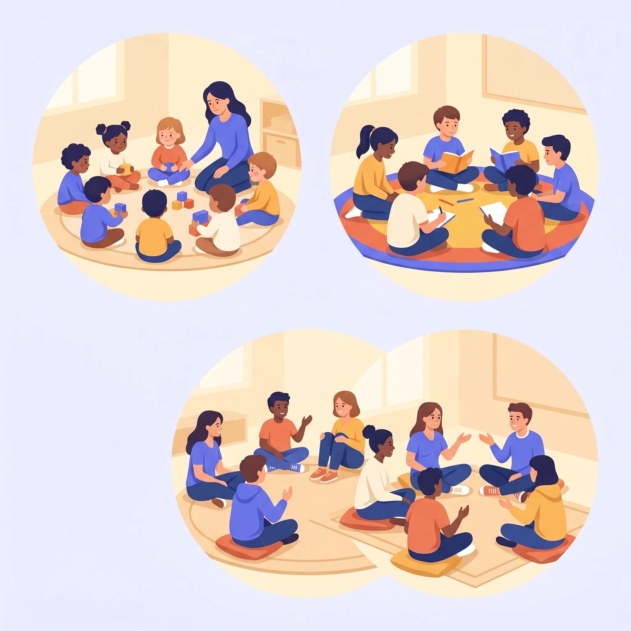 Tre piccole scene di cerchi di alunni di età diverse: bambini piccoli, scuola primaria e adolescenti