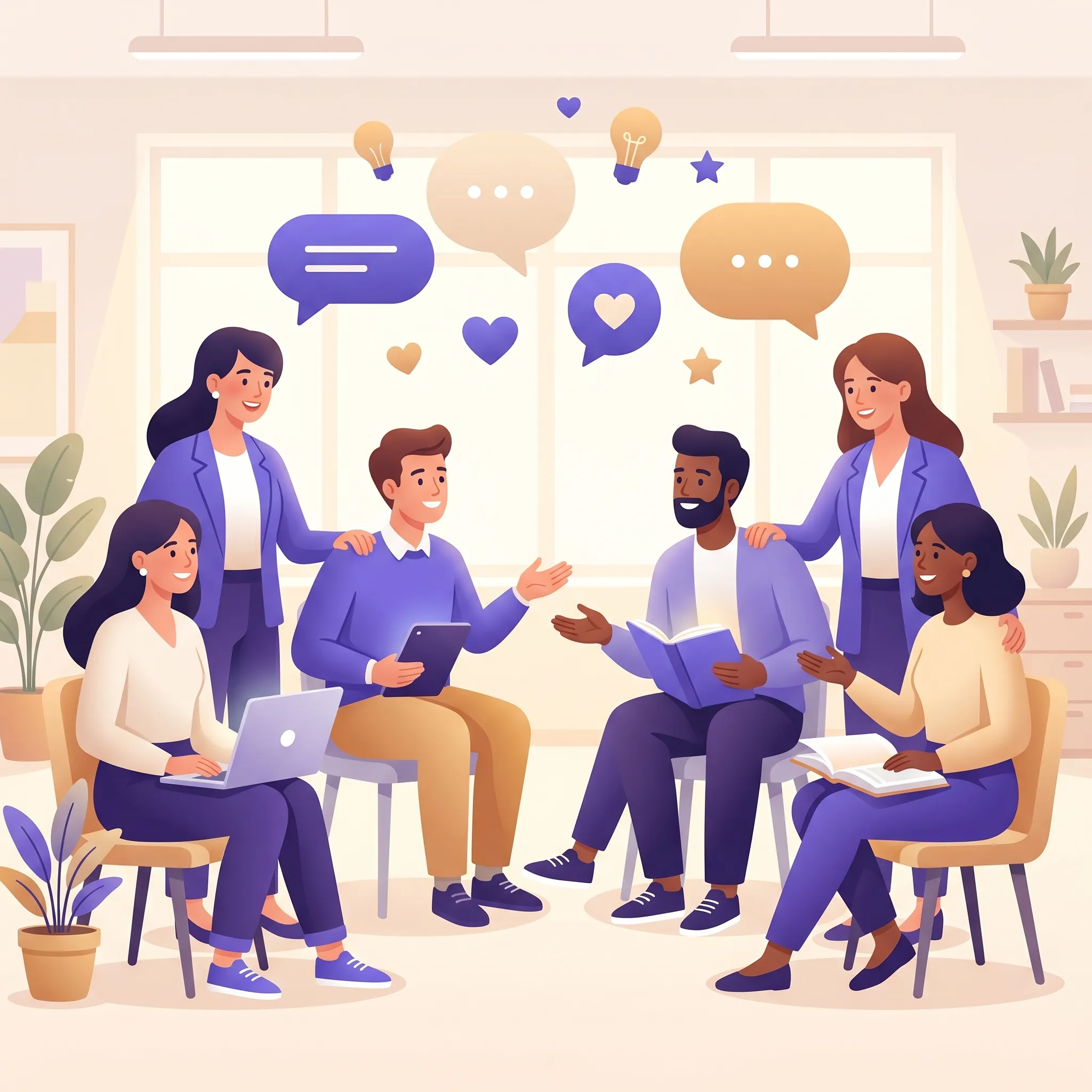 Studenti diversi che si connettono emotivamente in cerchio con simboli astratti di dialogo e ascolto