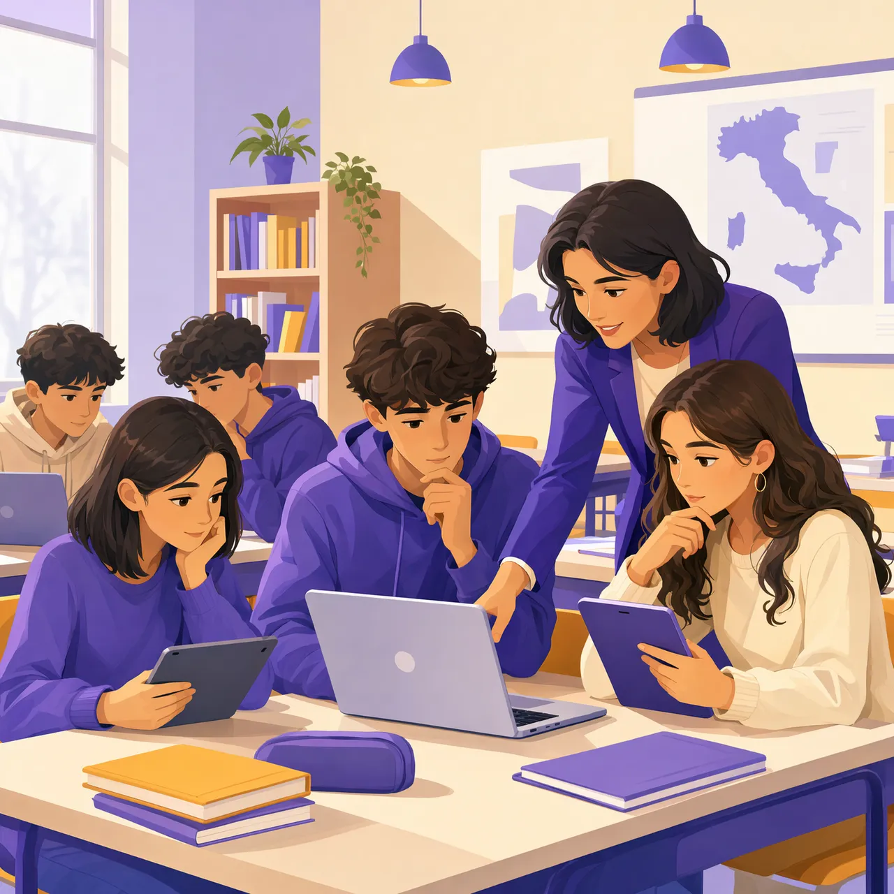 Studenti di scuola secondaria che verificano l'attendibilità di una fonte online durante una lezione di cittadinanza digitale