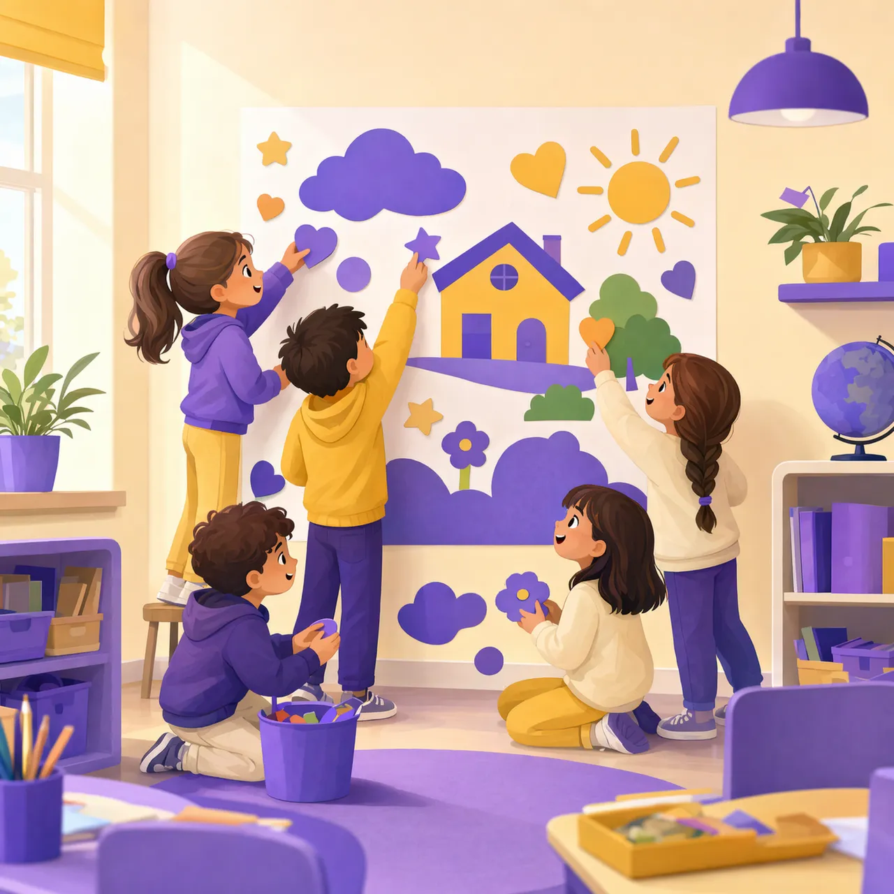 Bambini della scuola primaria che costruiscono il cartellone delle regole della cittadinanza digitale in classe