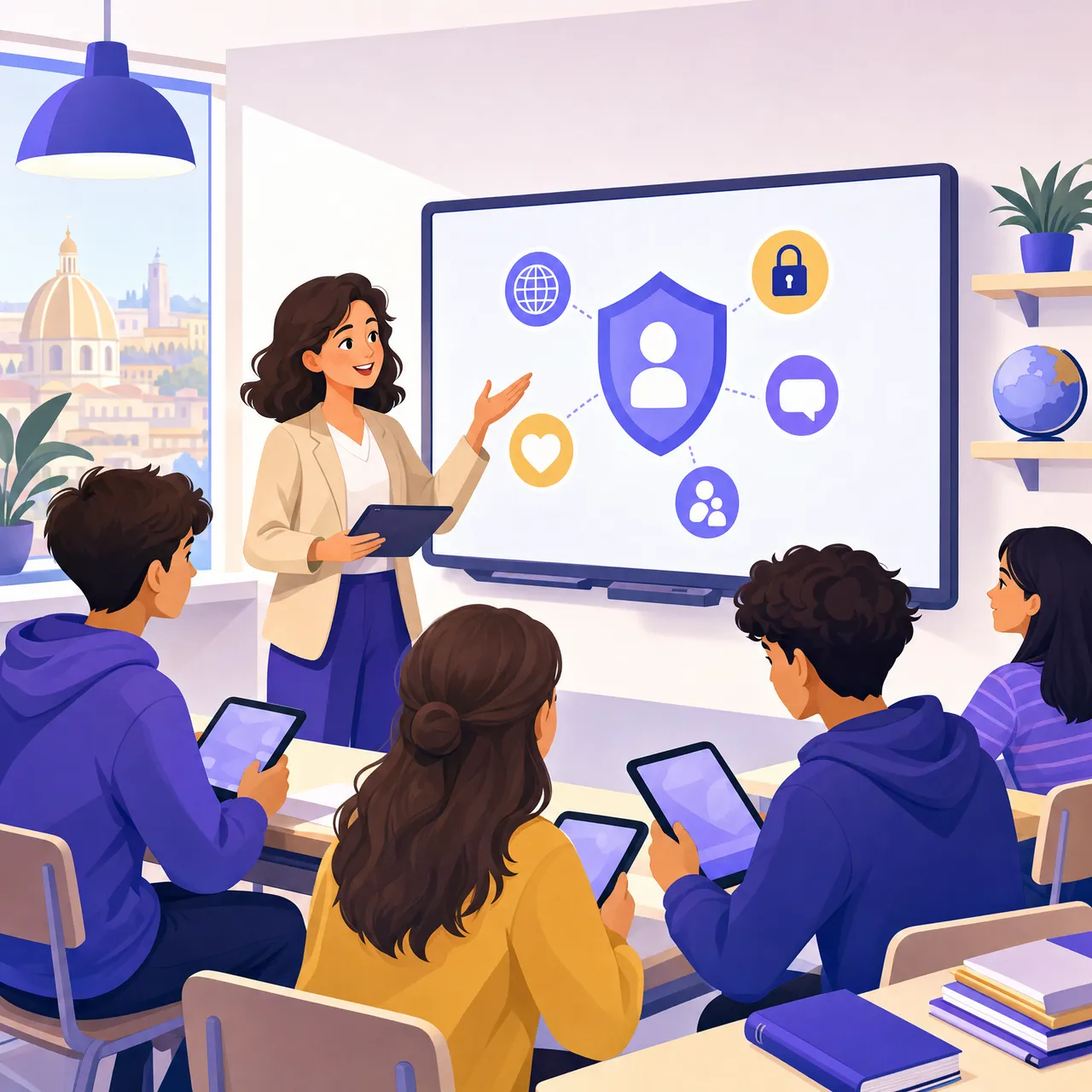 Docente che spiega la cittadinanza digitale nell'educazione civica a studenti con tablet in aula
