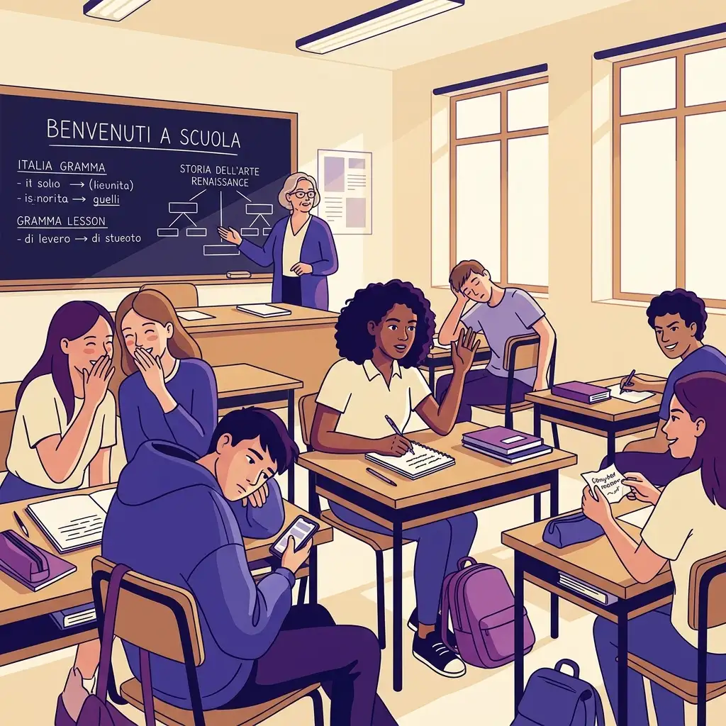 Studenti in aula con dinamiche di gruppo complesse e docente che osserva la situazione