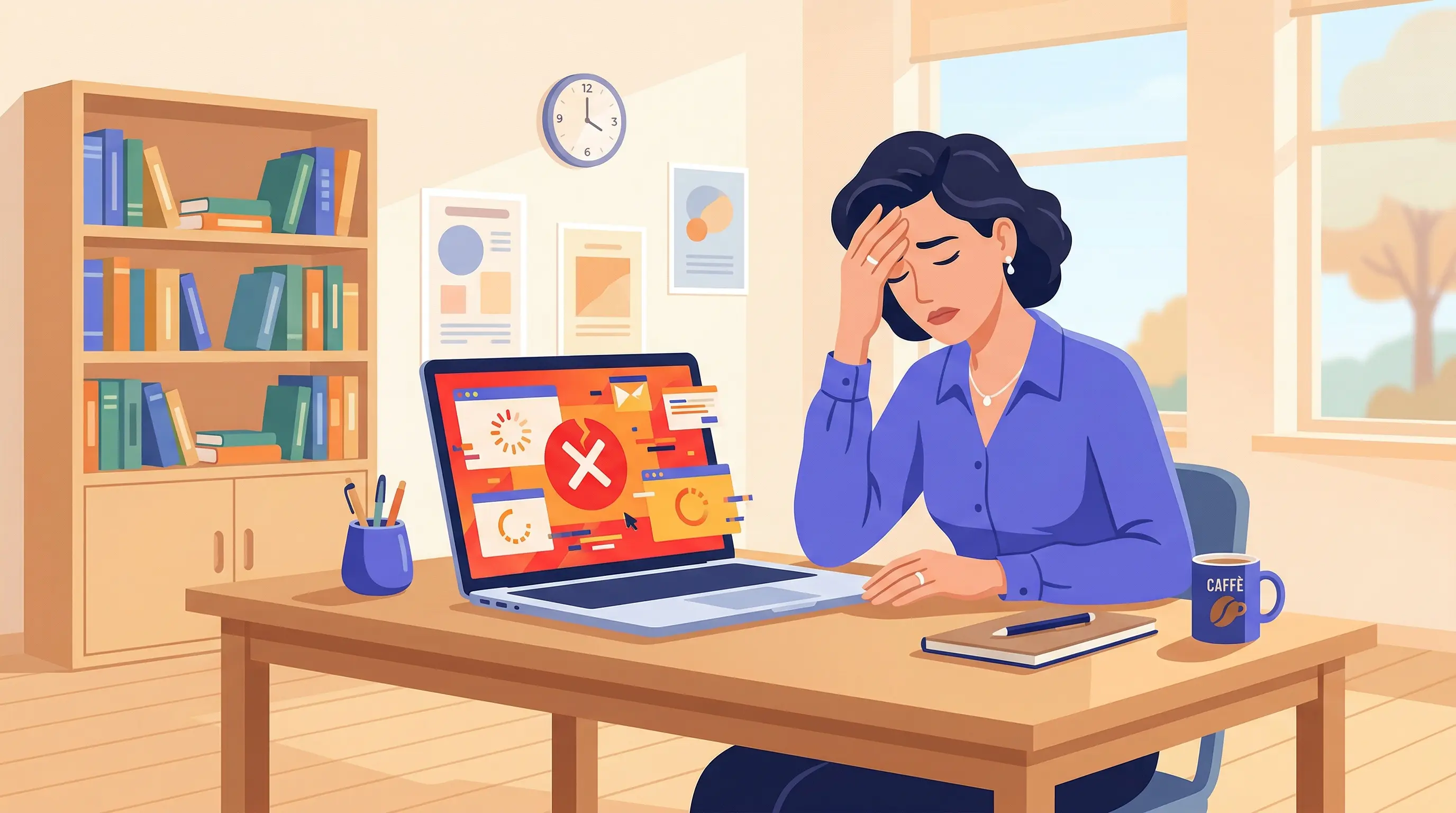 Illustrazione di un docente frustrato davanti a un registro elettronico che mostra errori e caricamento lento