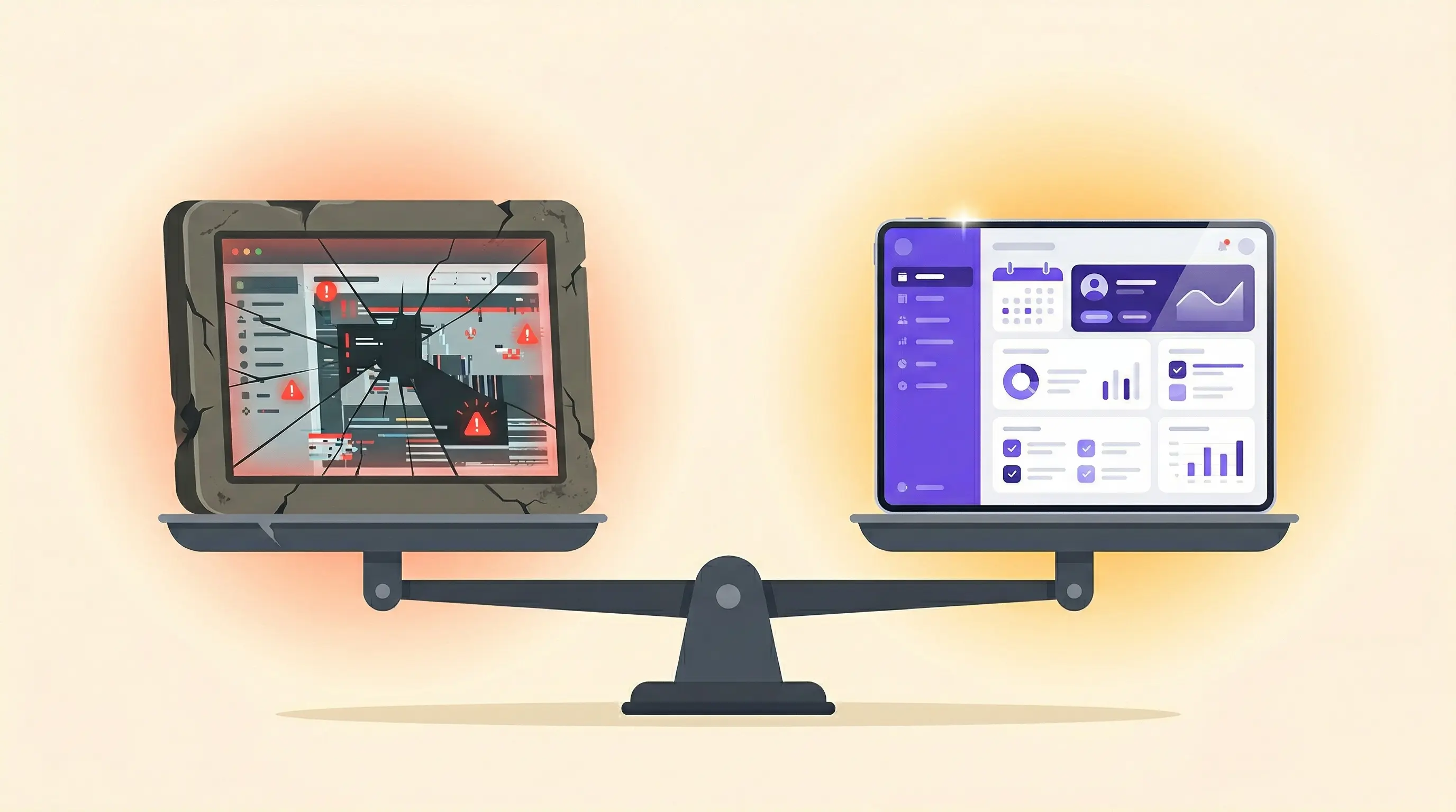 Confronto tra un registro elettronico datato con problemi e uno moderno e funzionale in stile flat illustration