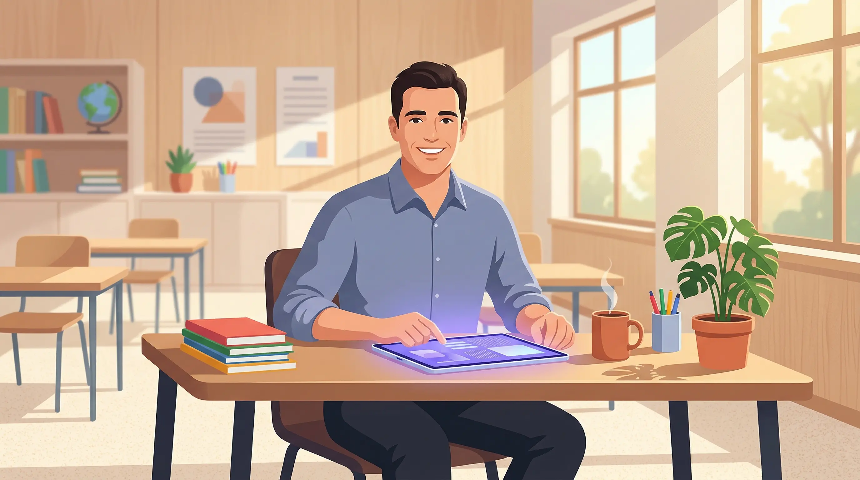 Docente che usa serenamente un registro elettronico moderno su tablet in un'aula luminosa e accogliente