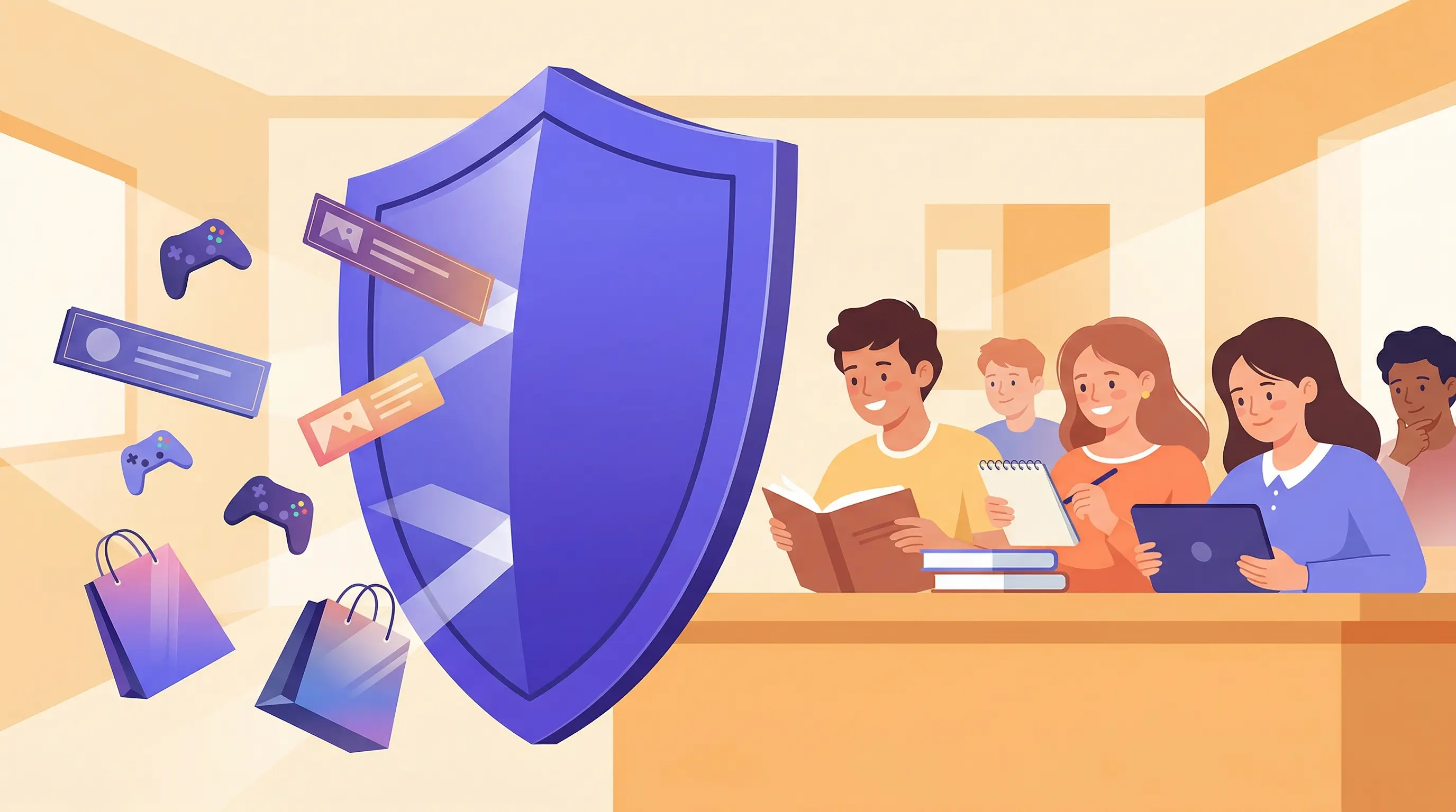 Illustrazione di uno scudo che protegge studenti da contenuti pubblicitari indesiderati su una piattaforma scolastica