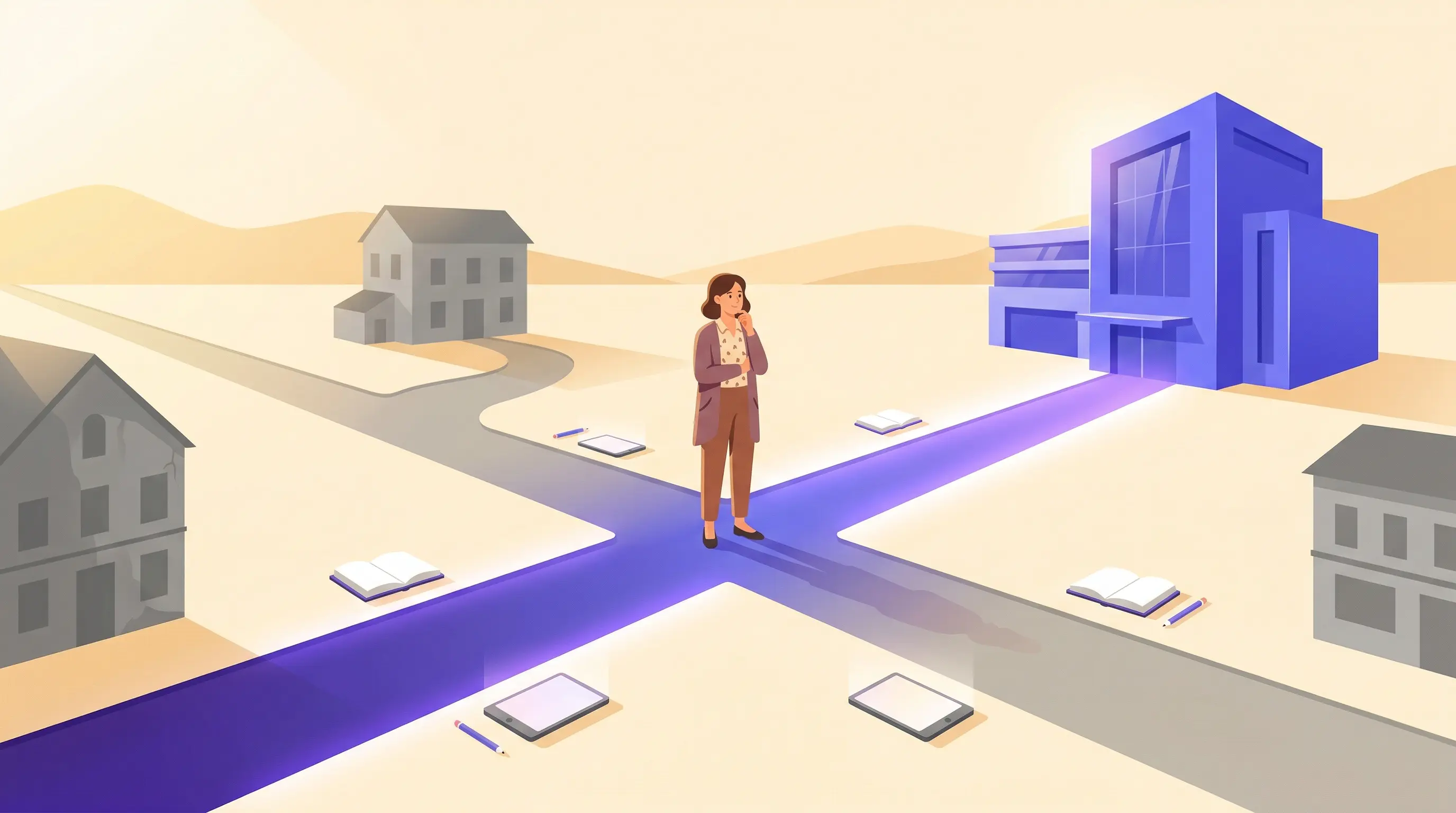 Illustrazione di un docente che trova la soluzione giusta tra diversi strumenti digitali con percorso chiaro e luminoso