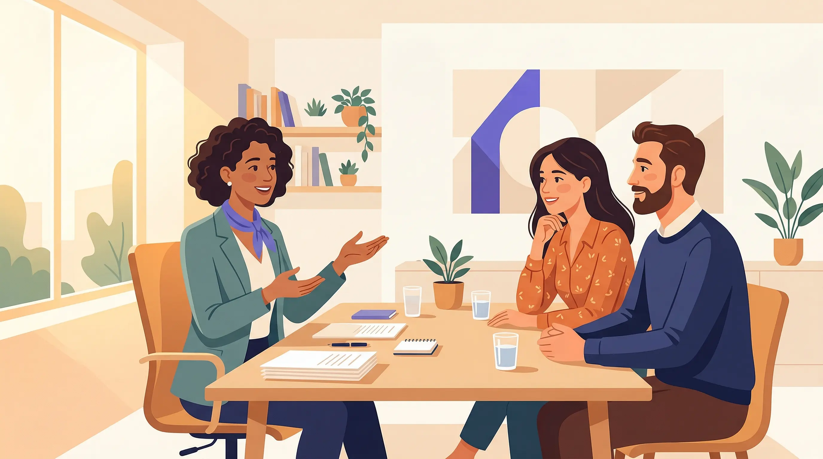 Docente e genitore che dialogano serenamente durante un colloquio scolastico costruttivo