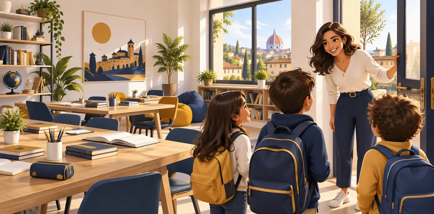 Sala luminosa di un nuovo doposcuola con tavoli, libri e un'educatrice che accoglie i primi ragazzi