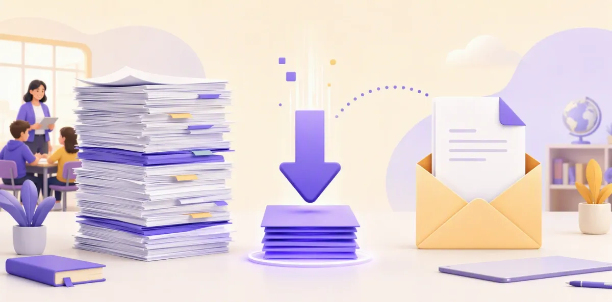Pila di pagine PDF pesanti compressa in un documento leggero che entra in una busta email