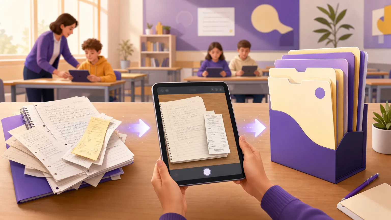 Docente che raccoglie fotografie di compiti e autorizzazioni in fascicoli PDF ordinati