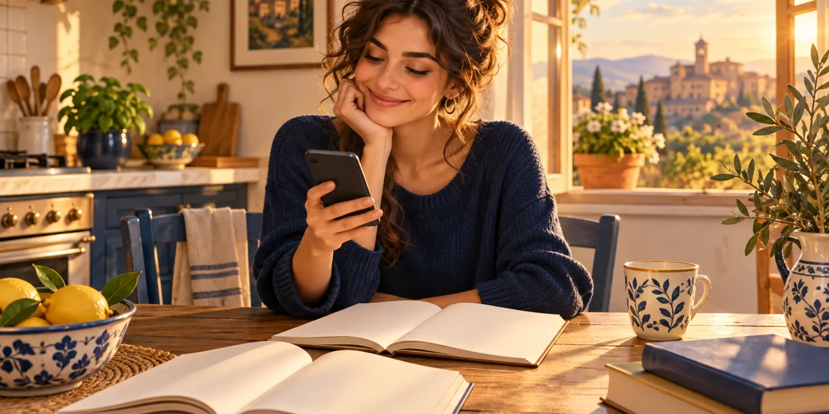 Giovane insegnante al tavolo dopo la lezione controlla sul telefono il pagamento delle ripetizioni ricevuto