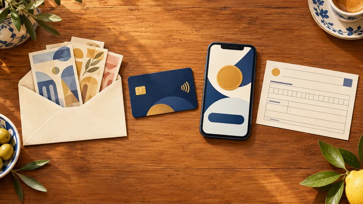 Contanti in busta, carta contactless, telefono con app di pagamento e ricevuta di bonifico per pagare le ripetizioni