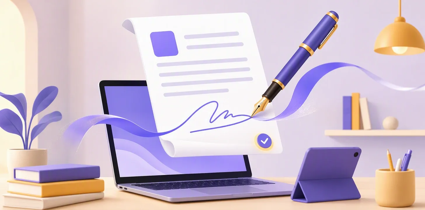 Penna stilizzata che appone una firma su un documento PDF digitale sullo schermo