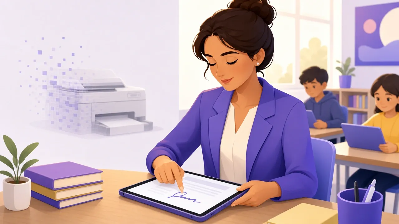 Docente che firma un modulo PDF direttamente sullo schermo senza stamparlo