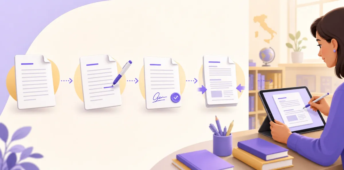 Le quattro modifiche possibili su un PDF: contenuto, pagine, peso e formato, con tablet e stilo