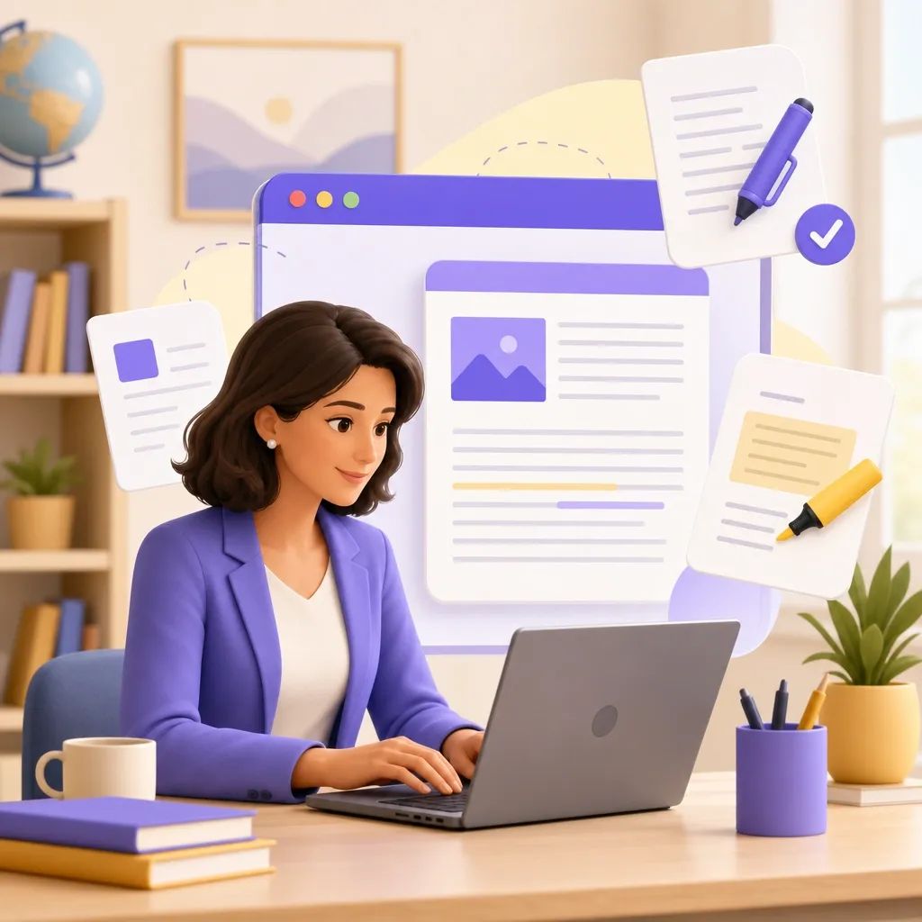 Insegnante al laptop che modifica un documento PDF digitale con strumenti online nel browser