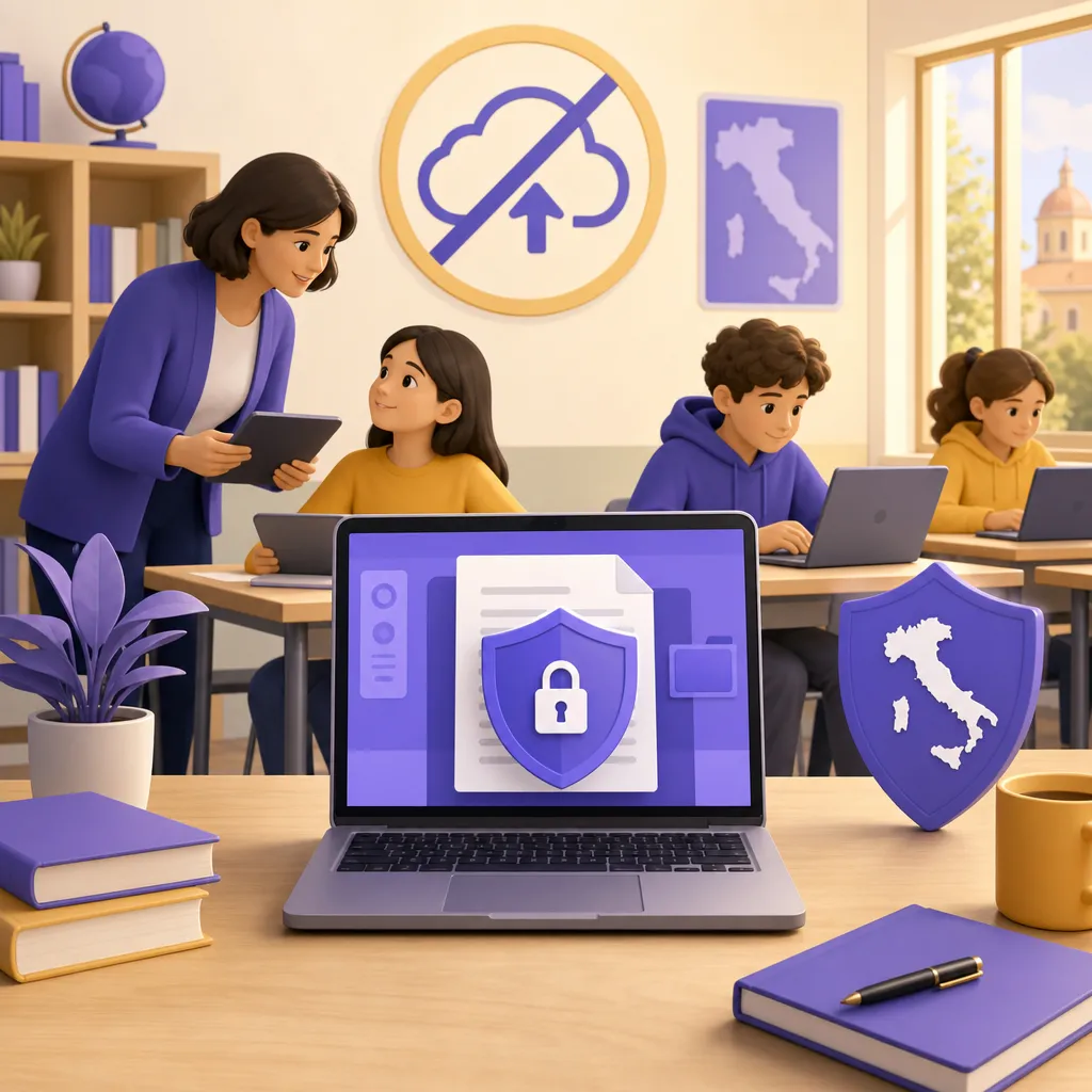 Scudo di protezione dati sopra un laptop che elabora documenti PDF localmente nel browser