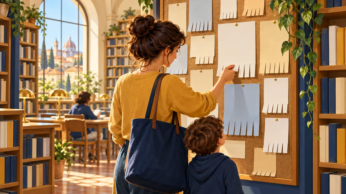 Bacheca di una biblioteca piena di annunci con linguette e un genitore che ne stacca una
