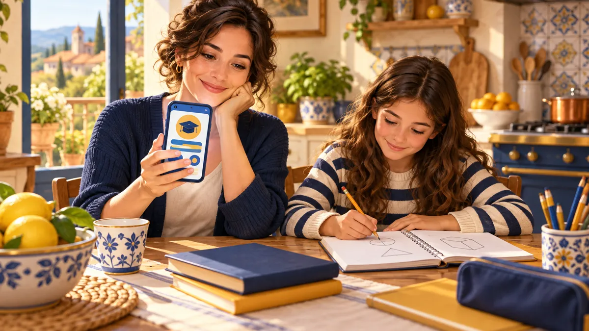 Madre al tavolo della cucina legge con attenzione un annuncio di ripetizioni sul telefono mentre la figlia fa i compiti