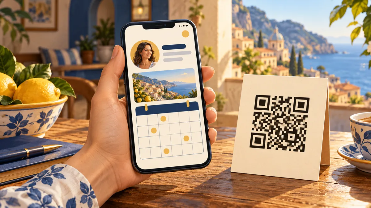 Mano che tiene un telefono con un post ordinato e accanto un biglietto con il QR per prenotare le ripetizioni