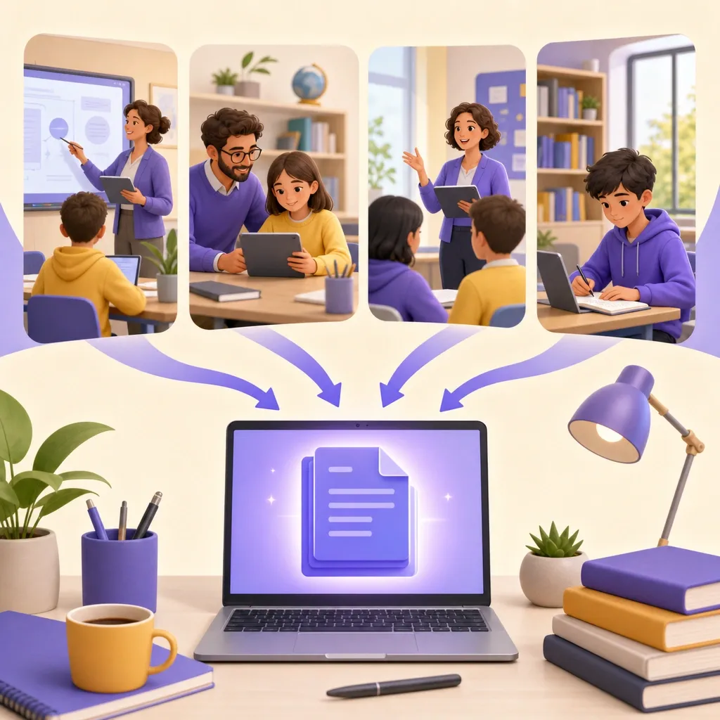 Più documenti PDF separati che confluiscono in un unico file ordinato sul laptop di un docente