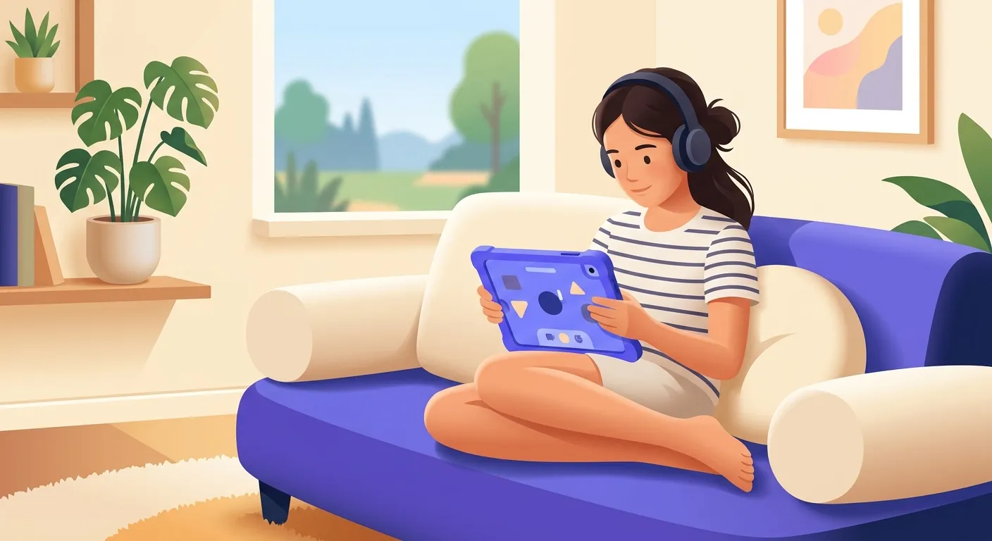 Studentessa scuola media che usa app didattiche per i compiti per le vacanze estive con tablet e cuffie sul divano