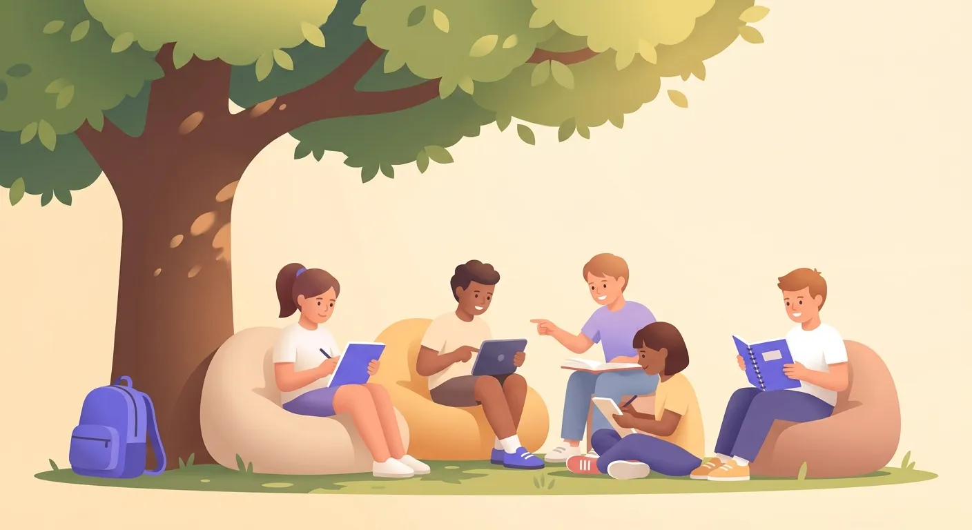 Studenti italiani che svolgono compiti per le vacanze estive con quaderni e tablet sotto un albero in giardino