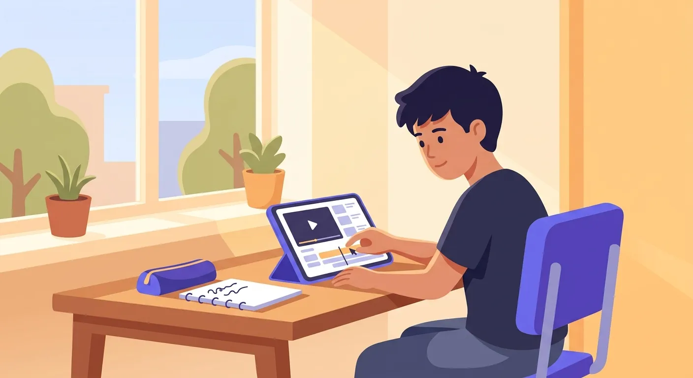 Studente scuola media italiana che lavora a un documentario per i compiti delle vacanze estive con tablet sulla scrivania