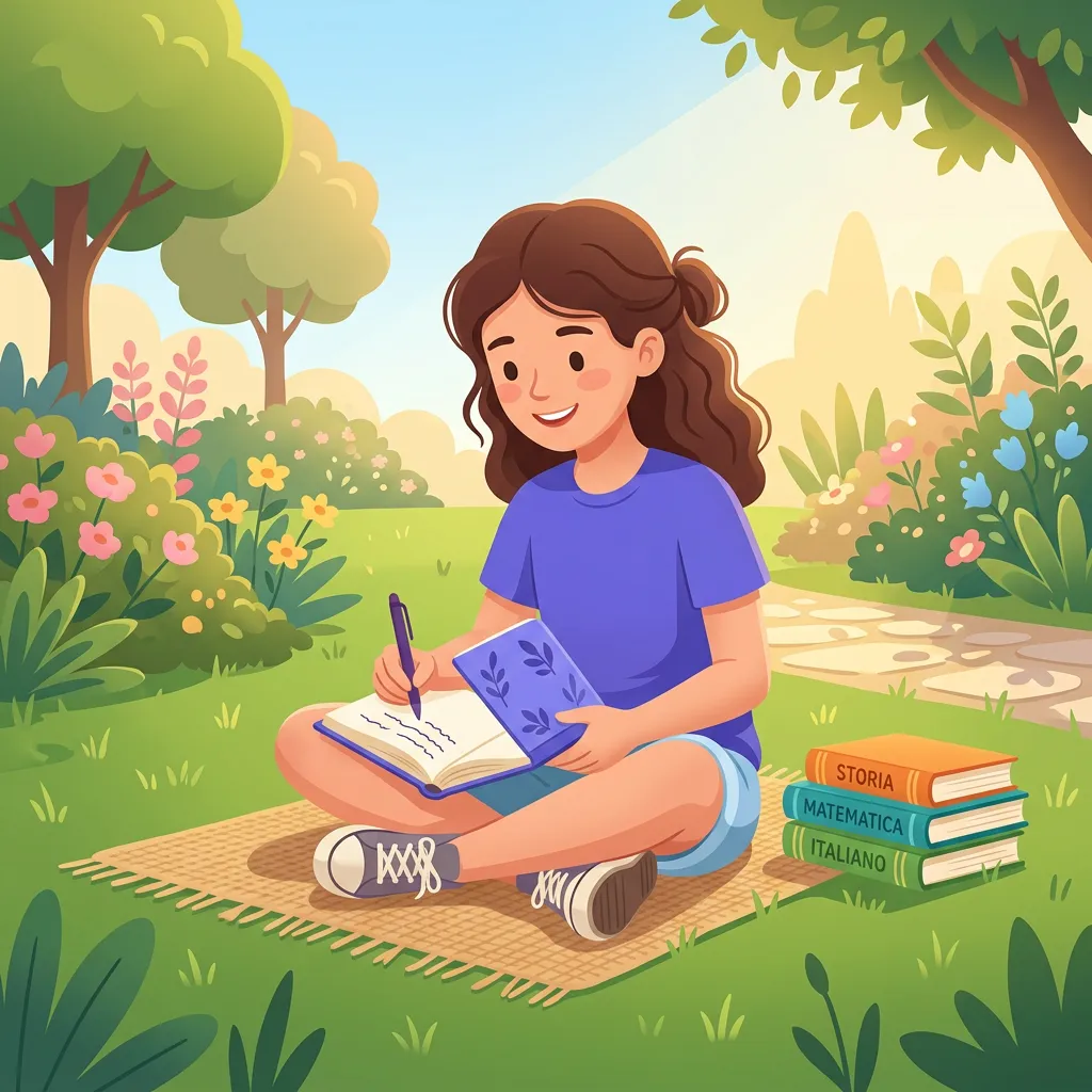 Studentessa scuola media italiana che svolge compiti delle vacanze estive seduta in giardino con quaderno e libri