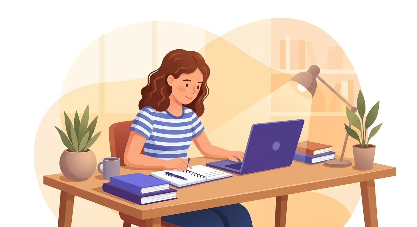 Studente scuola superiore italiana che redige un project work per i compiti estivi alla scrivania con libri e laptop