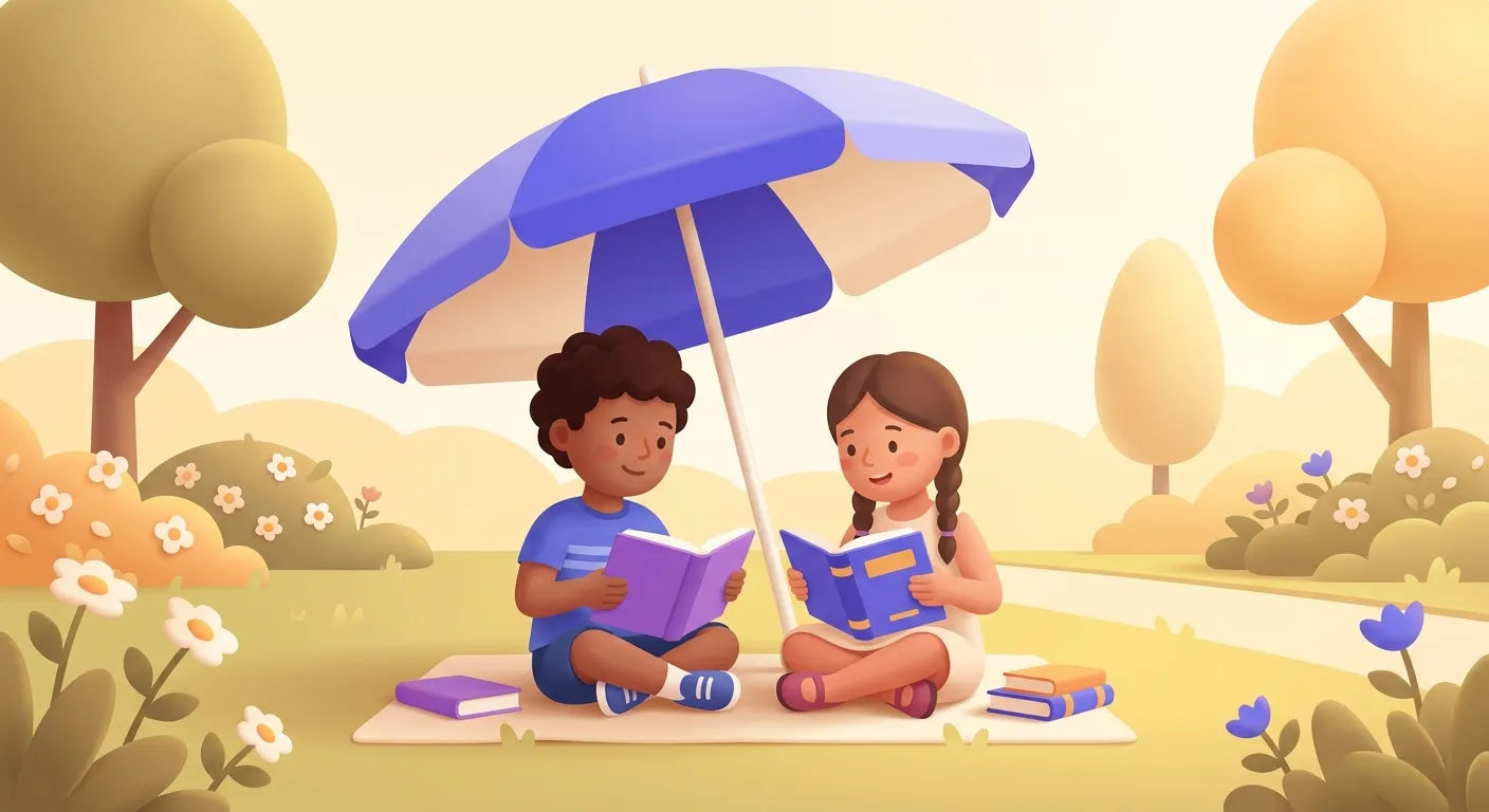 Bambini scuola primaria italiana che leggono libri sotto un ombrellone in giardino estivo per i compiti delle vacanze