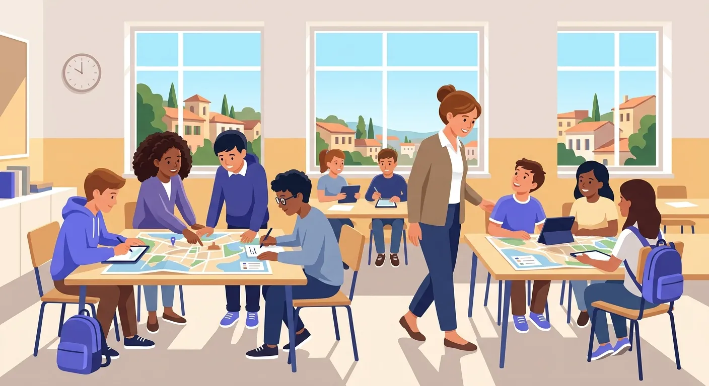 Studenti italiani delle medie lavorano in gruppo a un compito di realtà progettando una guida turistica del proprio quartiere