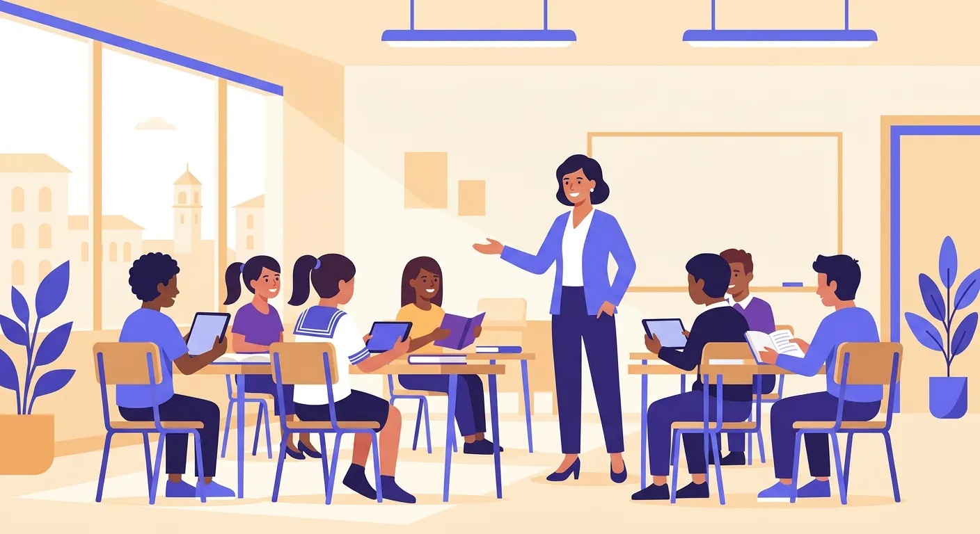 Docente che gestisce il comportamento degli studenti in classe con strategie positive