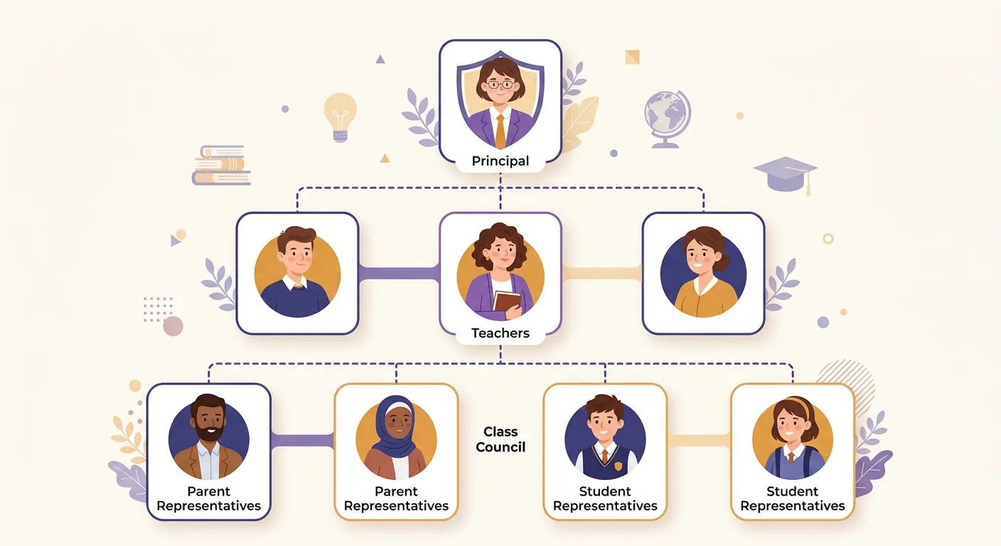 Schema della composizione del consiglio di classe con docenti, studenti e genitori nella scuola italiana
