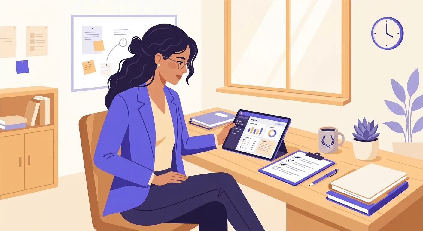 Docente che prepara i materiali per il consiglio di classe con appunti e registro digitale