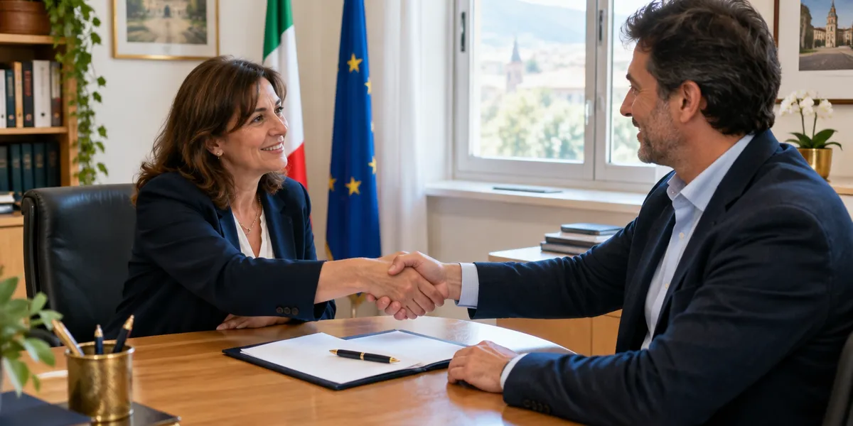 Dirigente scolastico e titolare d'azienda si stringono la mano sulla convenzione FSL ex PCTO