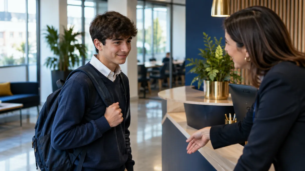 Studente al primo giorno di formazione scuola-lavoro accolto dal tutor esterno alla reception dell'azienda